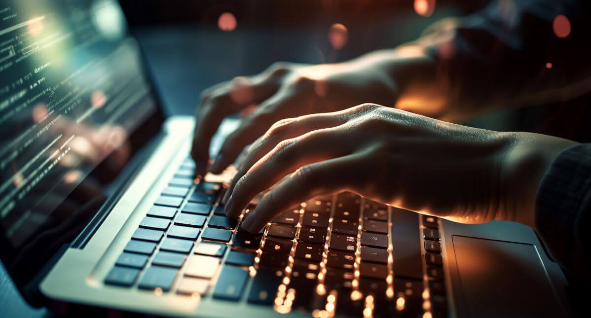 Nahaufnahme von Händen, die auf einer Laptop-Tastatur tippen, umgeben von digitalen Lichtmustern und Codetext auf dem Bildschirm.