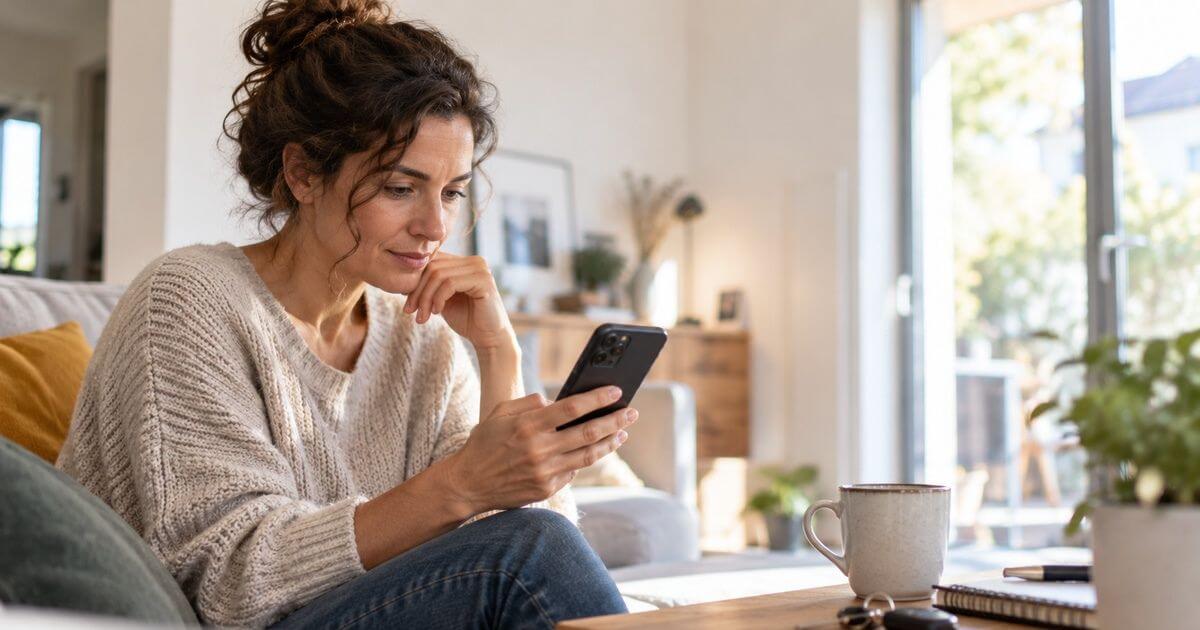 Makler-Webseite Frau sitzt auf dem Sofa und schaut auf ihr Smartphone