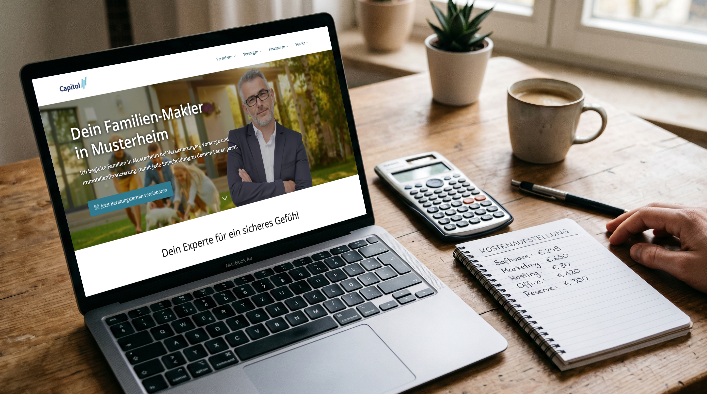 Laptop auf Holztisch zeigt Webseite eines Familien-Maklers; daneben Taschenrechner, Kaffeetasse und Notizblock mit Kostenaufstellung