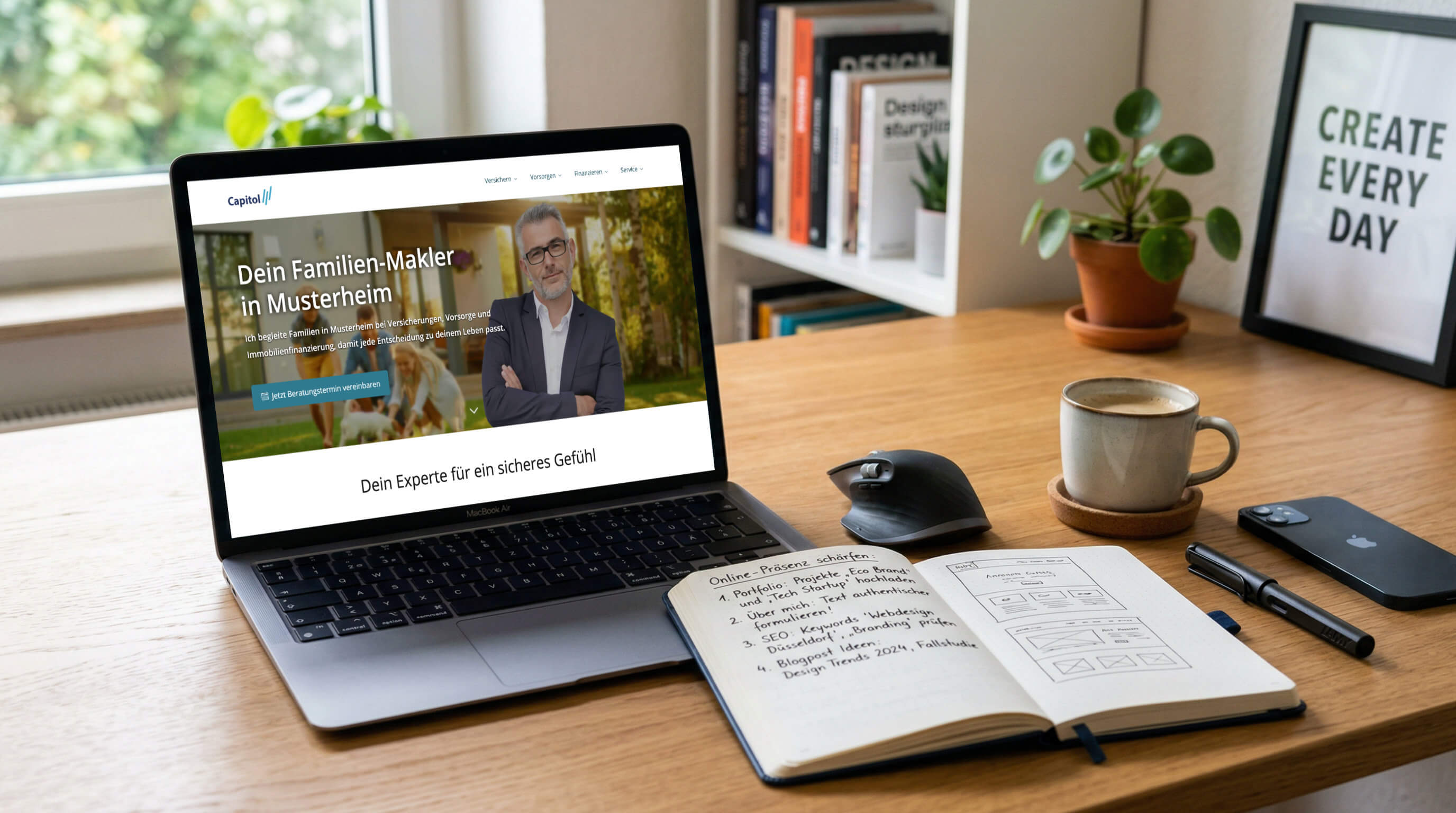 Schreibtisch mit Laptop, geöffnetem Notizbuch, Kaffeetasse, Maus und Smartphone