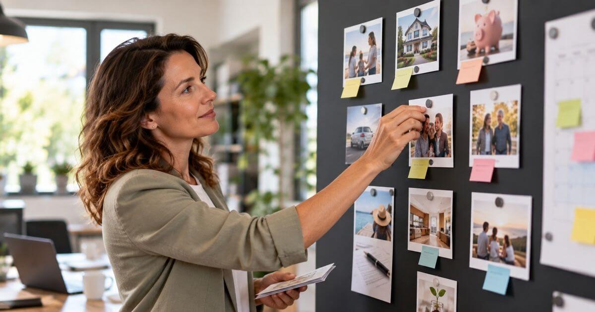 Kundenvertrag Frau befestigt Fotos und Haftnotizen an einer Planungstafel