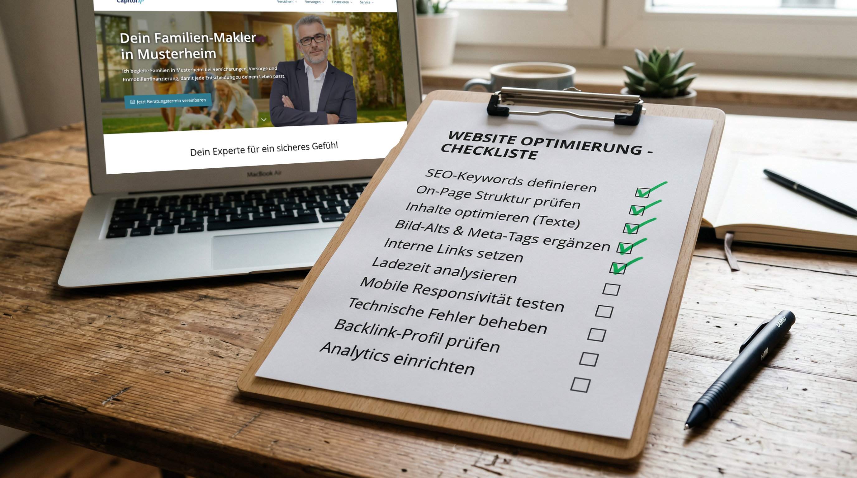 Laptop neben Klemmbrett mit Checkliste zur Website-Optimierung und abgehakten Punkten