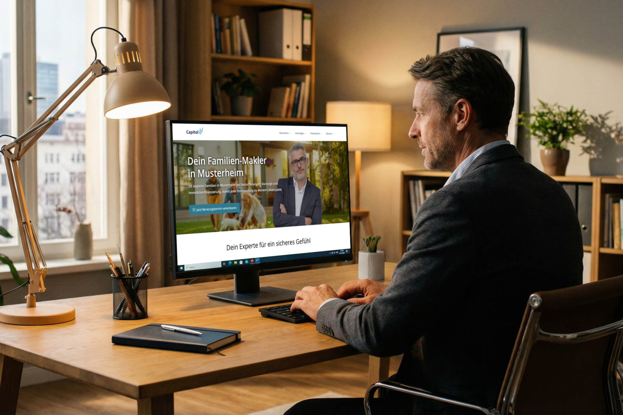 SEO Artikel mit KI für Versicherer Mann im Büro am Schreibtisch vor Monitor mit Website eines Familienmaklers