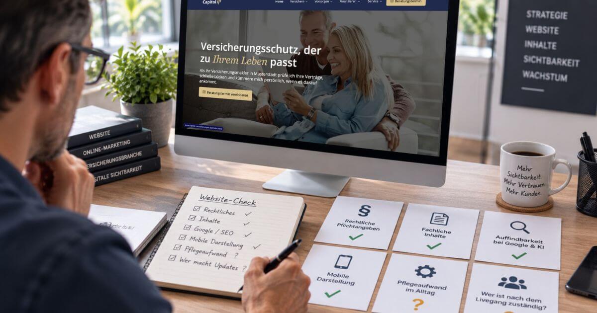 Maklerwebseite Mann prüft am Schreibtisch einen Website-Check für eine Versicherungswebsite auf dem Monitor