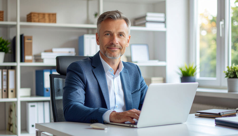 Ein Versicherungsmakler mit grauen Haaren und Bart sitzt an einem Schreibtisch und bearbeitet deine Versicherungsmakler-Website am Laptop.