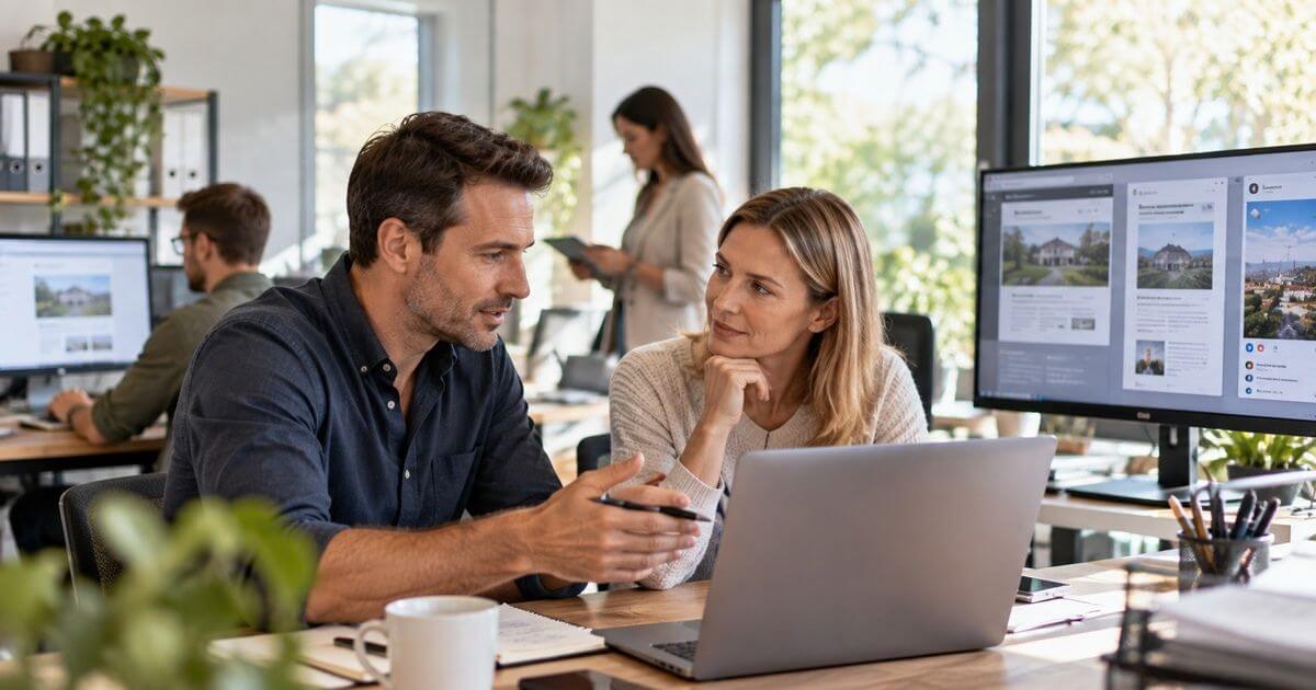 Zwei Kollegen besprechen an einem Laptop Immobilienanzeigen in einem Büro
