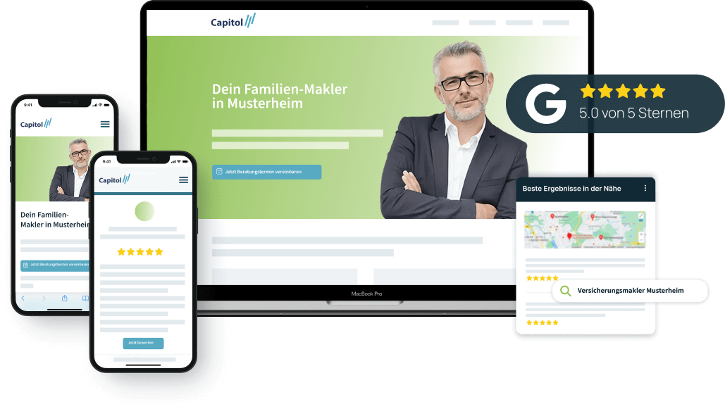Darstellung einer Versicherungsmakler-Website auf Laptop und Smartphones mit dem Slogan „Dein Familien-Makler in Musterheim“ und einer eingeblendeten 5-von-5-Sterne-Bewertung.