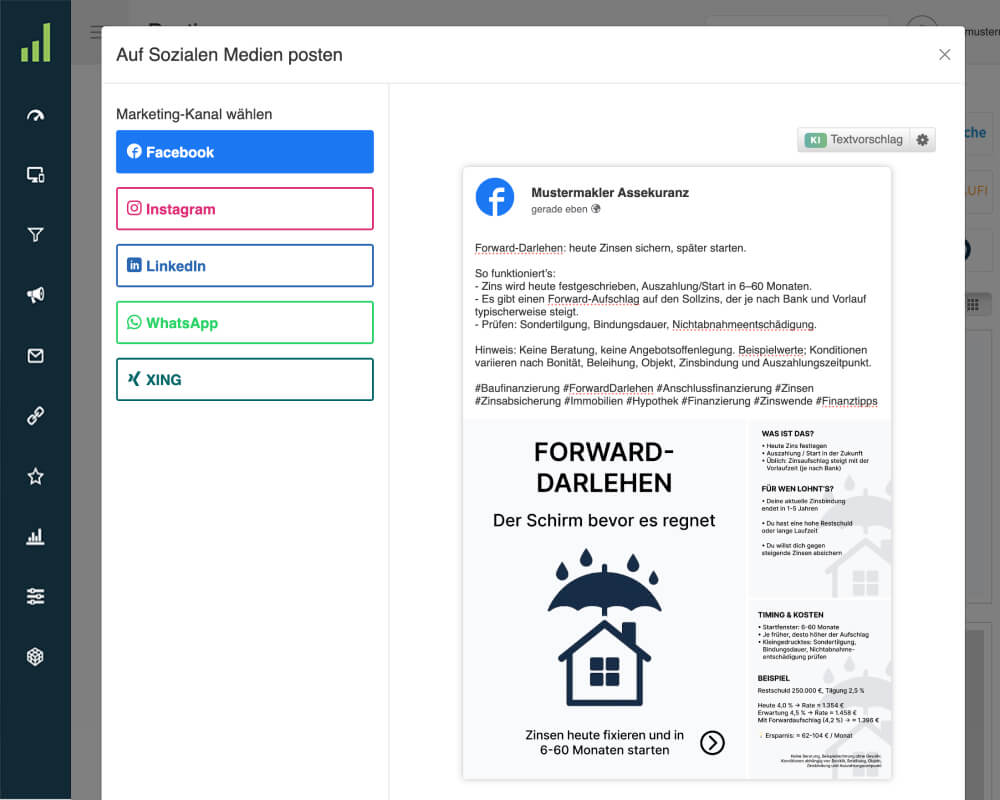 Screenshot aus dem digidor-System: Auswahl einer Social-Media-Vorlage für Versicherungsmakler, Finanzberater und Baufinanzierer