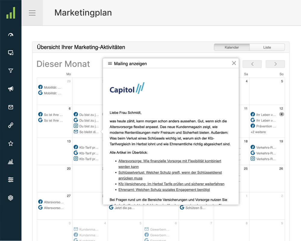Screenshot aus dem digidor-Newsletter-System: Automatisierter Marketingplan mit Newsletter für Versicherungsmakler, Finanzberater und Baufinanzierer