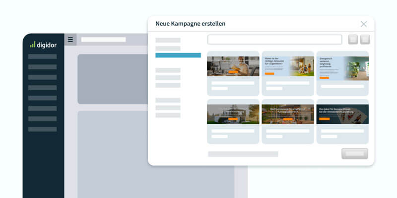Illustration der Oberfläche zum Auswählen von Landingpage-Kampagnen für Versicherungsmakler und Baufinanzierer